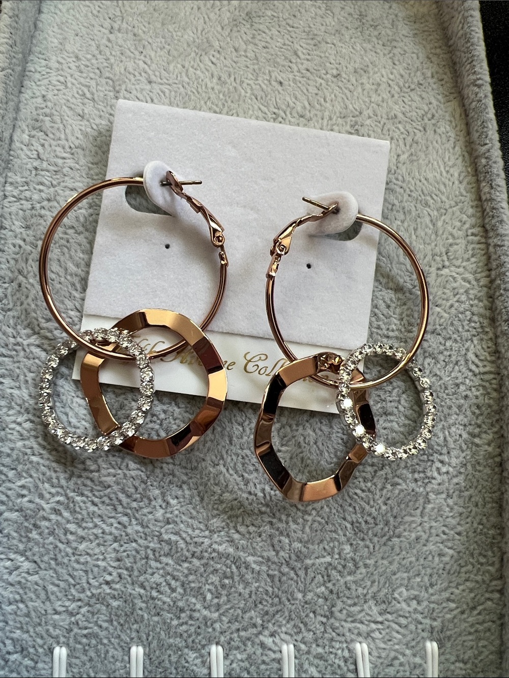 Rose-Tone Hoop Earrings with Faceted and Crystal Rings